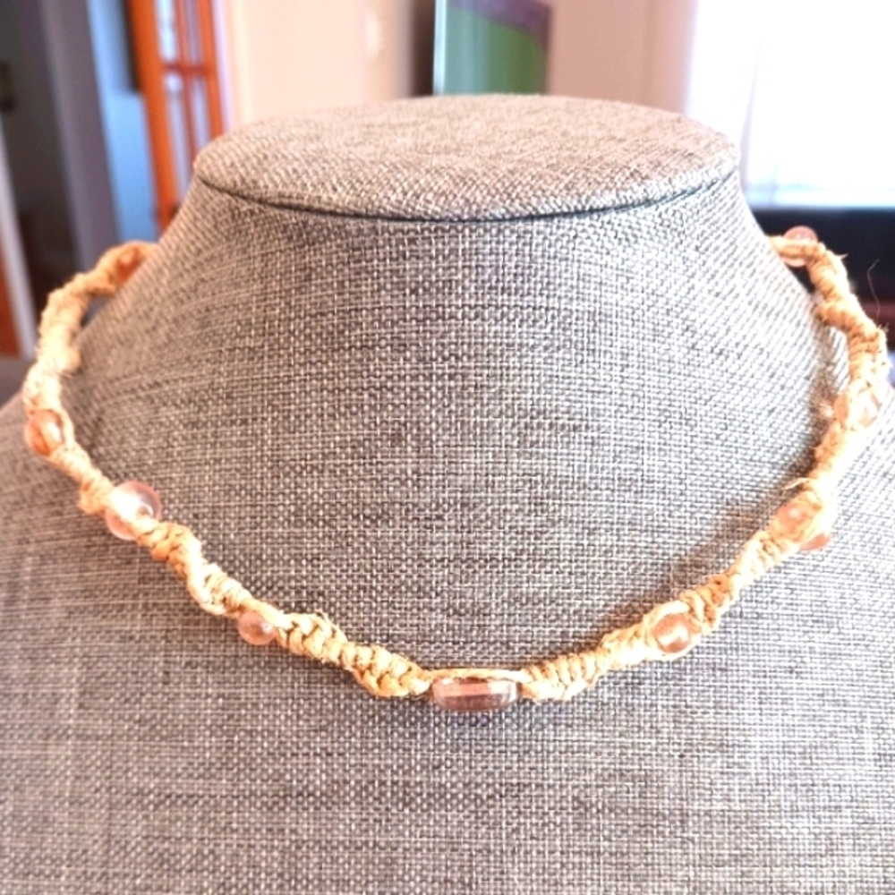 Handmade Macrame Hemp Necklace w/ Light Pink Glass Beads - New Item (up to 16")